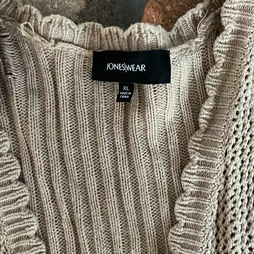 Cotton knit scalloped edge cardigan sweater taupe oatmeal textured cardigan READ - Picture 8 of 9